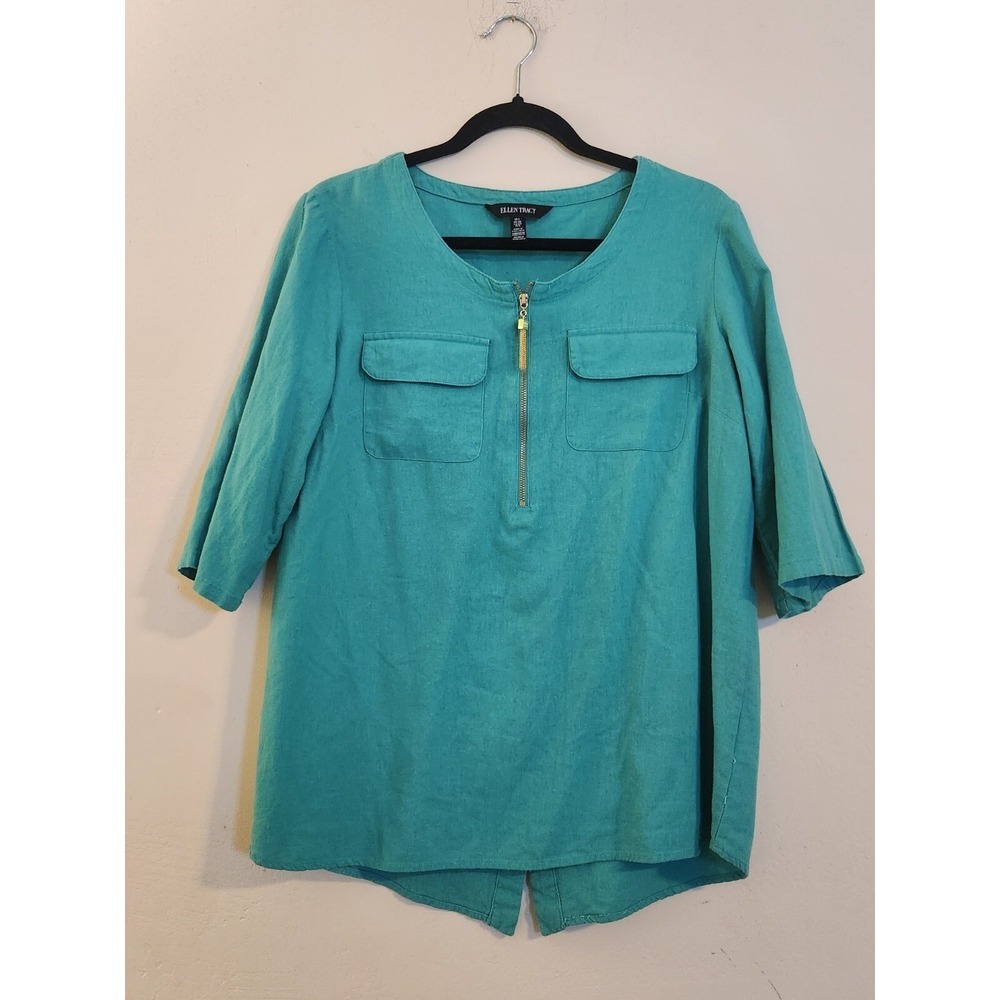Ellen Tracy Teal Green Linen Blend Zip‎ Front Blouse Top Small ETMS9RT476